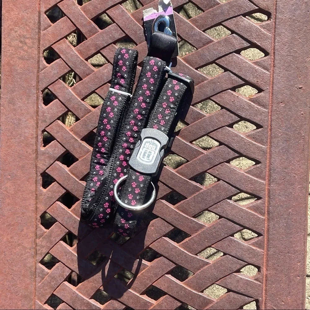 Dog It Collar & Leash Set Black With Pink & Gray Paw Prints, SilverTone…